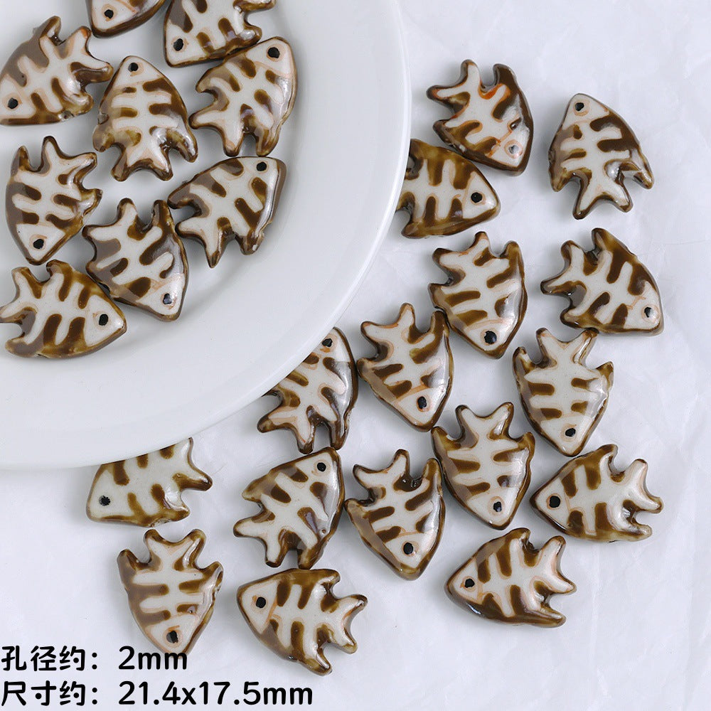 Coffee Color Ocean Creatures Ceramic Beads Hand Painted 5pcs 6