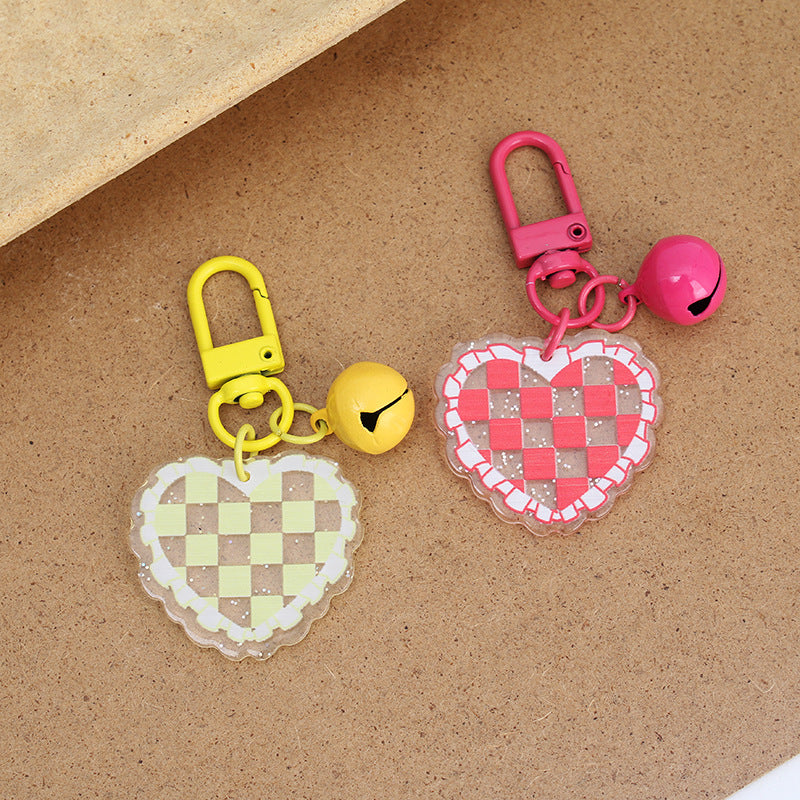 Acrylic Heart Keychain Vibrant Love Grid Checkerboard with Bell Charm 3