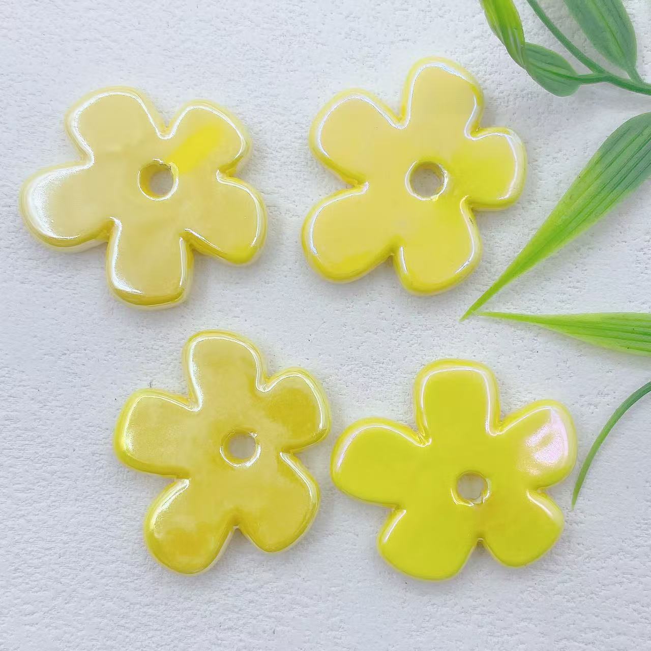 Flat Five-petal Flower Ceramic Beads 36mm Colorful Glazed 10pcs 4