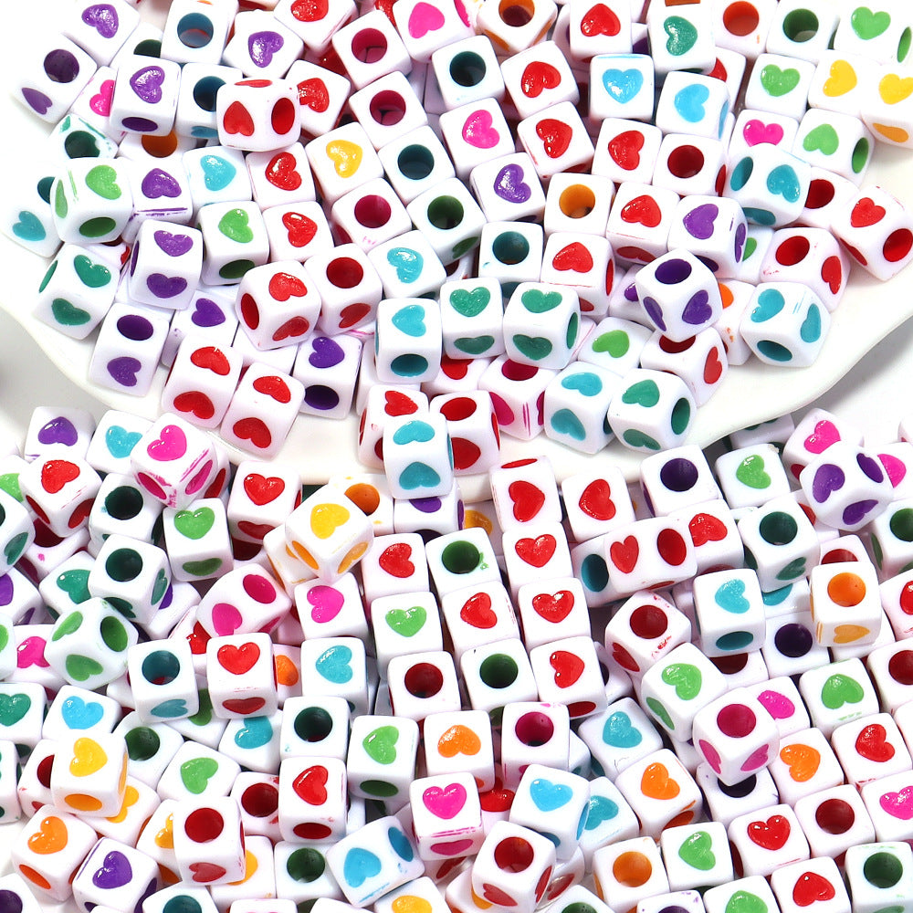 Square Acrylic Beads 6.7mm Glossy Dripping Oil Love Design 100pcs 3