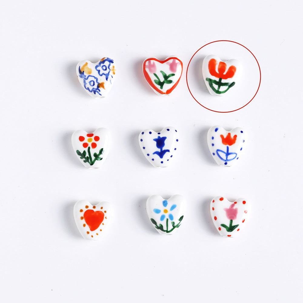 Fresh Floral Heart Ceramic Beads 15mm Hand Painted 5pcs 9