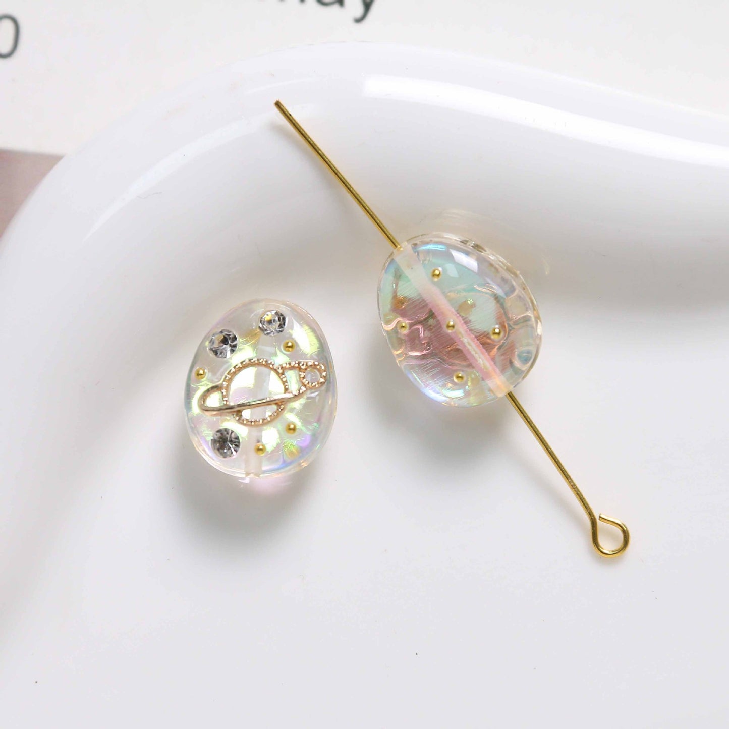 Oval Resin Rhinestone Beads 17x14mm Planet Pattern 5pcs 13