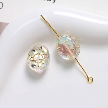 Oval Resin Rhinestone Beads 17x14mm Planet Pattern 5pcs 13
