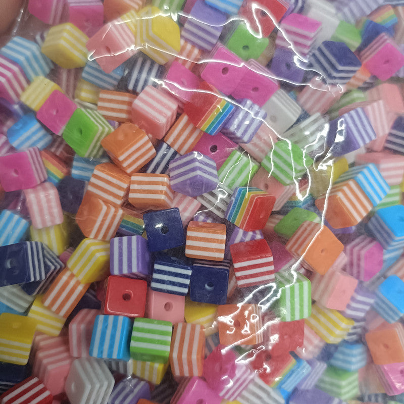 Striped Cylinder Cube Resin Beads 8-10mm Glossy Rainbow Colors 200pcs 3
