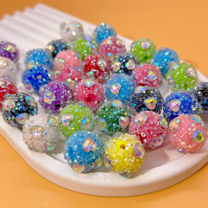 Heart Embedded Rhinestone Bubblegum Beads 16mm Acrylic 10pcs 4
