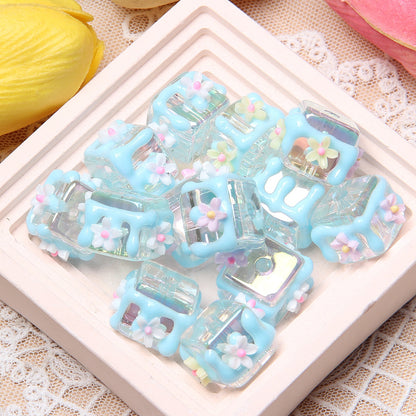 Painted Flower Acrylic Beads 16mm Round 14x18mm Square Purple Hand Painted 1pc 18