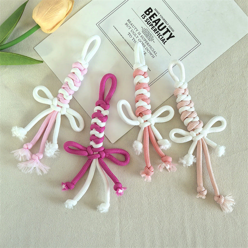 Dual Color Rope Braided Bow Crochet Keychain Polyester 4pcs 75mm 4