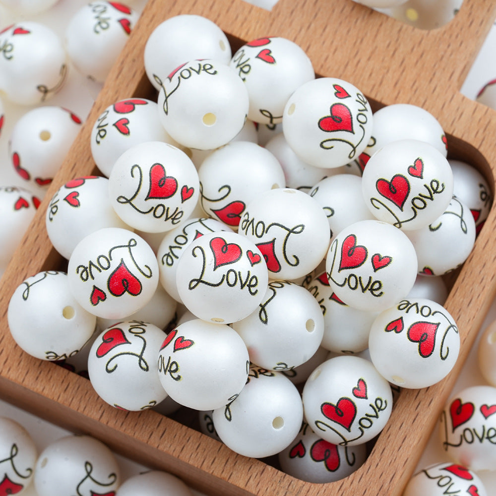 Heart Acrylic Beads 16mm Valentine'S Day Love Printed 20pcs