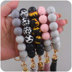 Silicone Beaded Wristlet Keychain with PU Tassel and Wood Accent 3