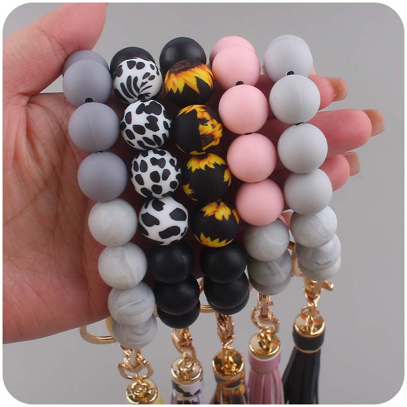 Silicone Beaded Wristlet Keychain with PU Tassel and Wood Accent 3
