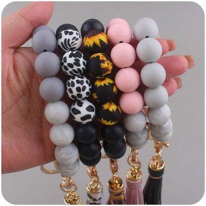 Silicone Beaded Wristlet Keychain with PU Tassel and Wood Accent 3