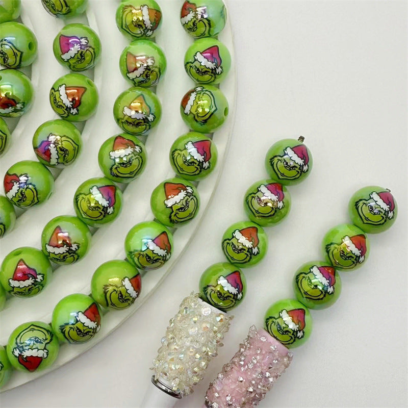 UV Plating Round Acrylic Beads 16mm Christmas Grinch 100pcs 3