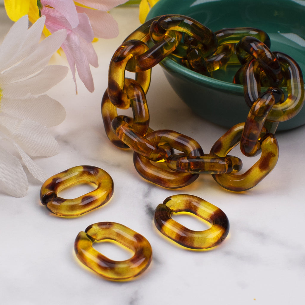 Plastic Leopard Print Open Chain Links 23mm Transparent Amber 100pcs