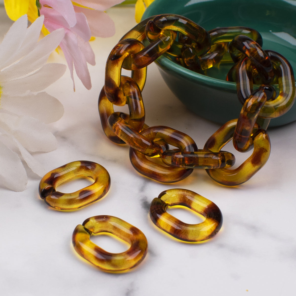 Plastic Leopard Print Open Chain Links 23mm Transparent Amber 100pcs