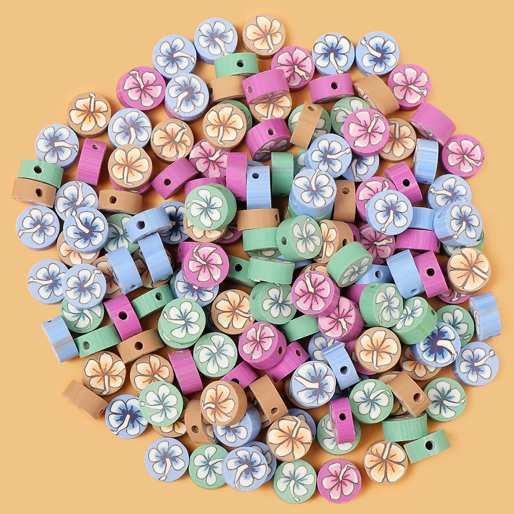 Flat Round Clay Beads 10mm Colorful Flower Pattern Polymer 100pcs 3