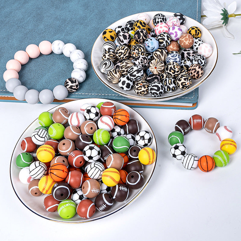 15mm Silicone Beads Sports Ball Printed Soccer Football Volleyball 10pcs 3