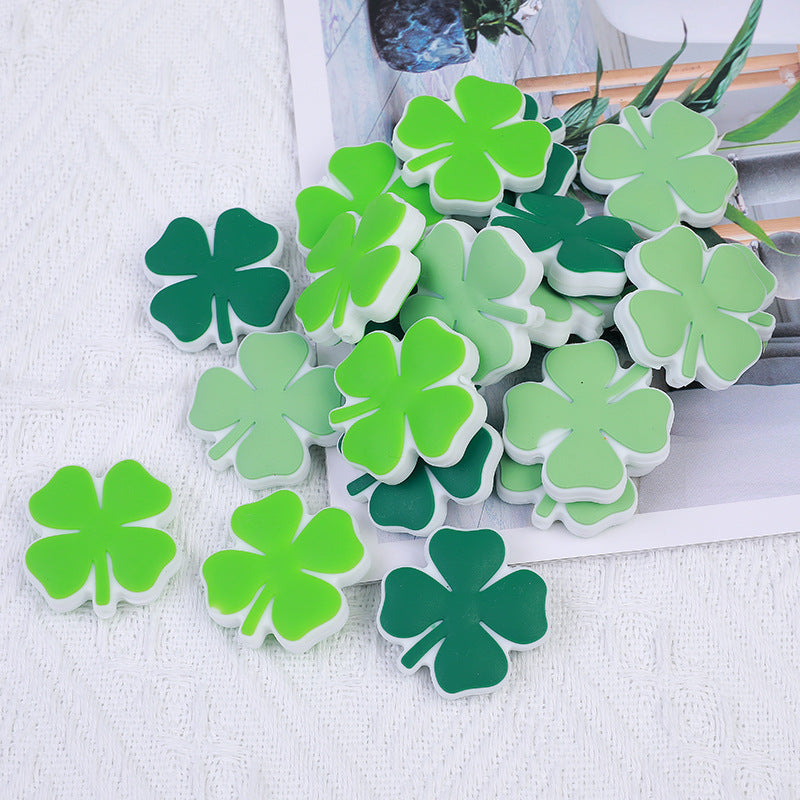 Silicone Focal Beads Four Leaf Clover Matte Green Hues 20pcs 2