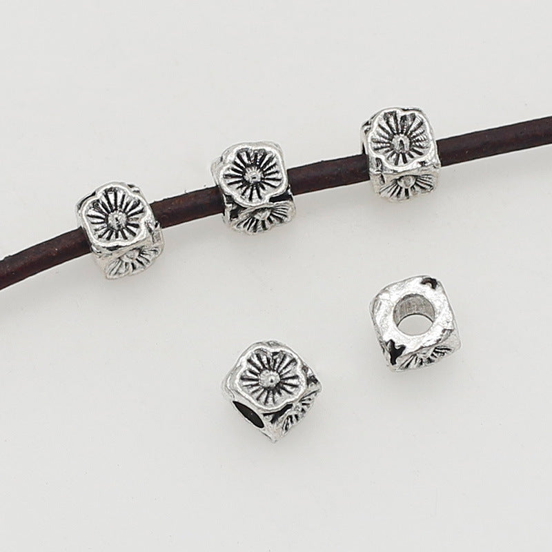 Square Metal Beads 5/8mm Tibetan Four-Sided Flower Antique Silver Tone 4