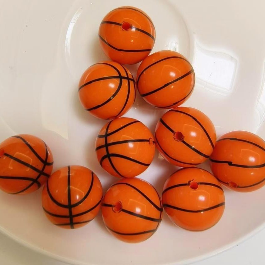 Printed Bubblegum Beads 20mm Basketball Pattern Orange 10pcs