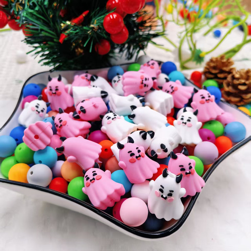 Silicone 3D Focal Beads Ghost Expression Blushing Cheeks Horns 20pcs 2