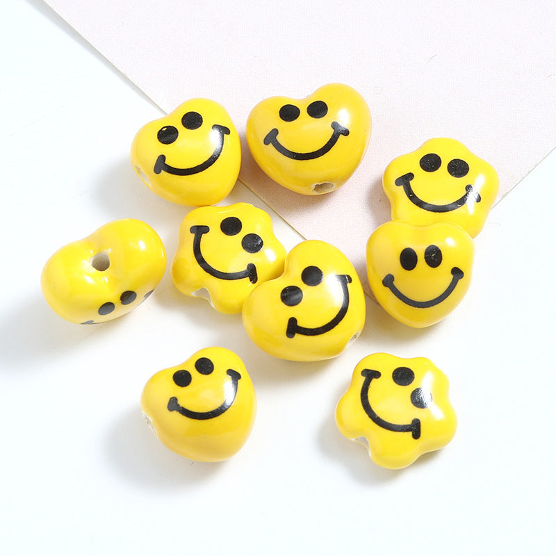 Yellow Smiley Star and Heart Ceramic Beads Glossy 10pcs 3