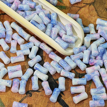 Painted Bamboo Tube Glass Beads 6X12mm Marbled Earth Tone 50pcs 17
