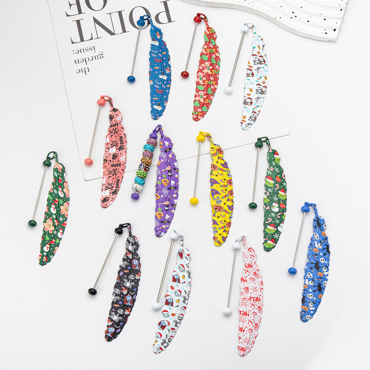 Beadable Feather Bookmarks Halloween Christmas Prints 12pcs