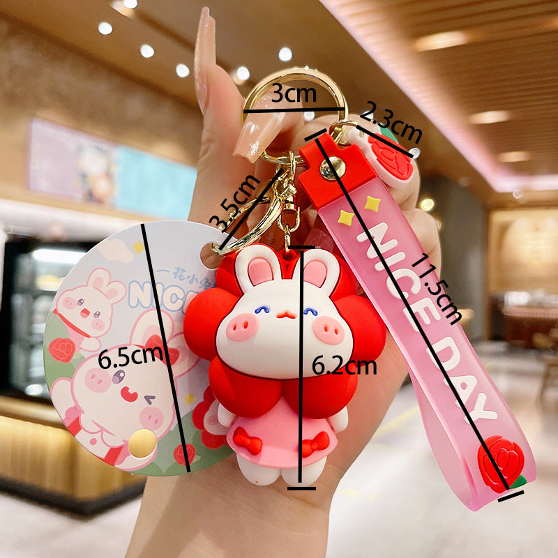 PVC Flower Bunny Keychain Cute Rabbit Charm with Nice Day Strap 4