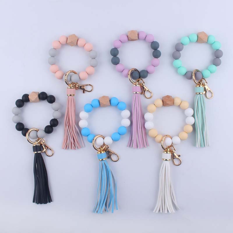 Silicone Beaded Wristlet Keychain with Leather Tassel and Octagonal Wood Accent 2