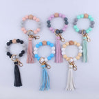 Silicone Beaded Wristlet Keychain with Leather Tassel and Octagonal Wood Accent 2