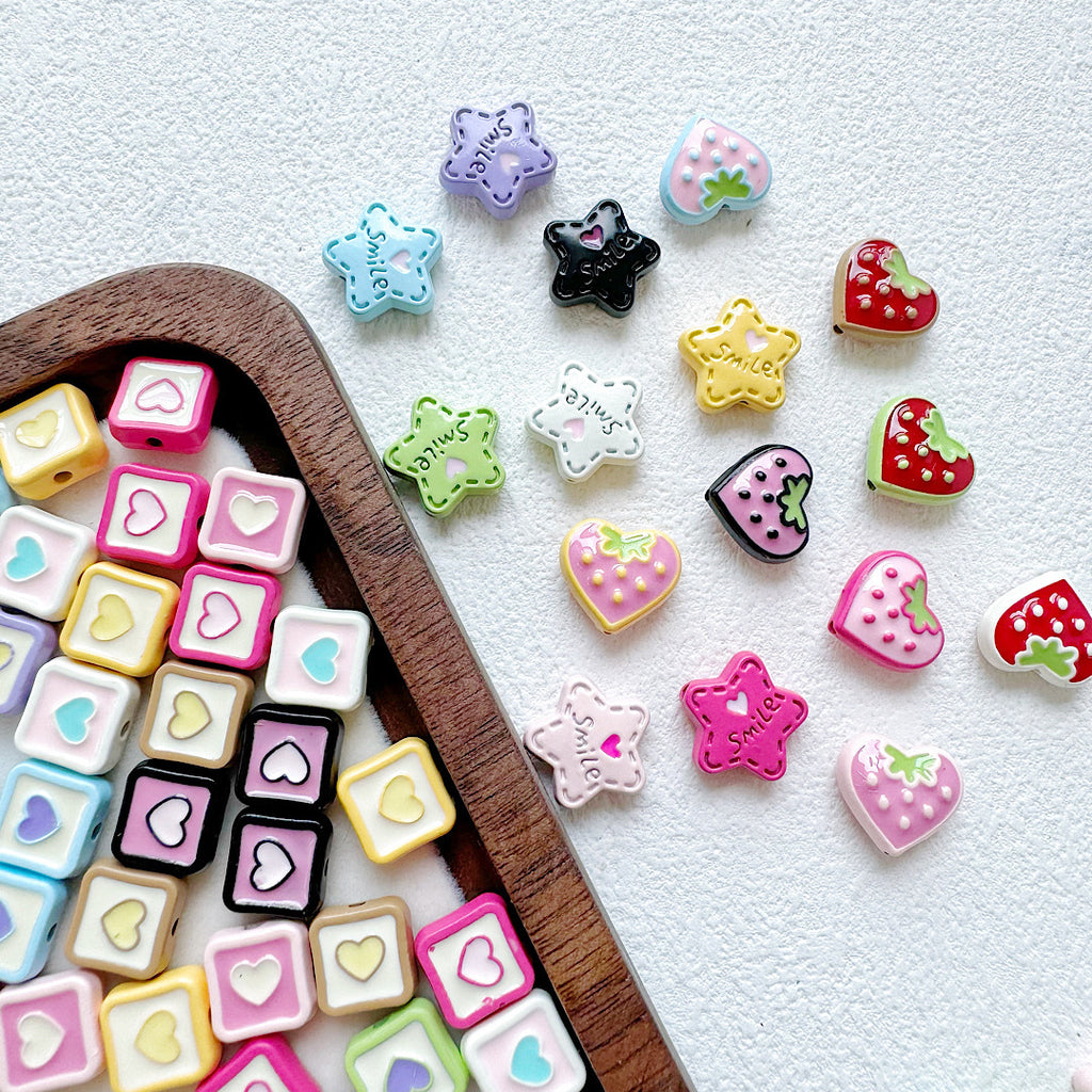 Star and Strawberry Heart Metal Beads Glossy Painted Colorful 10pcs 4