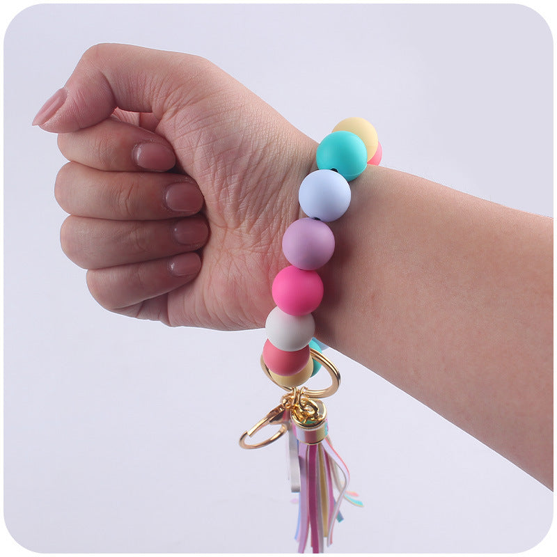 Western Cow Silicone Bead Wristlet Keychain with Faux Leather Tassel 4