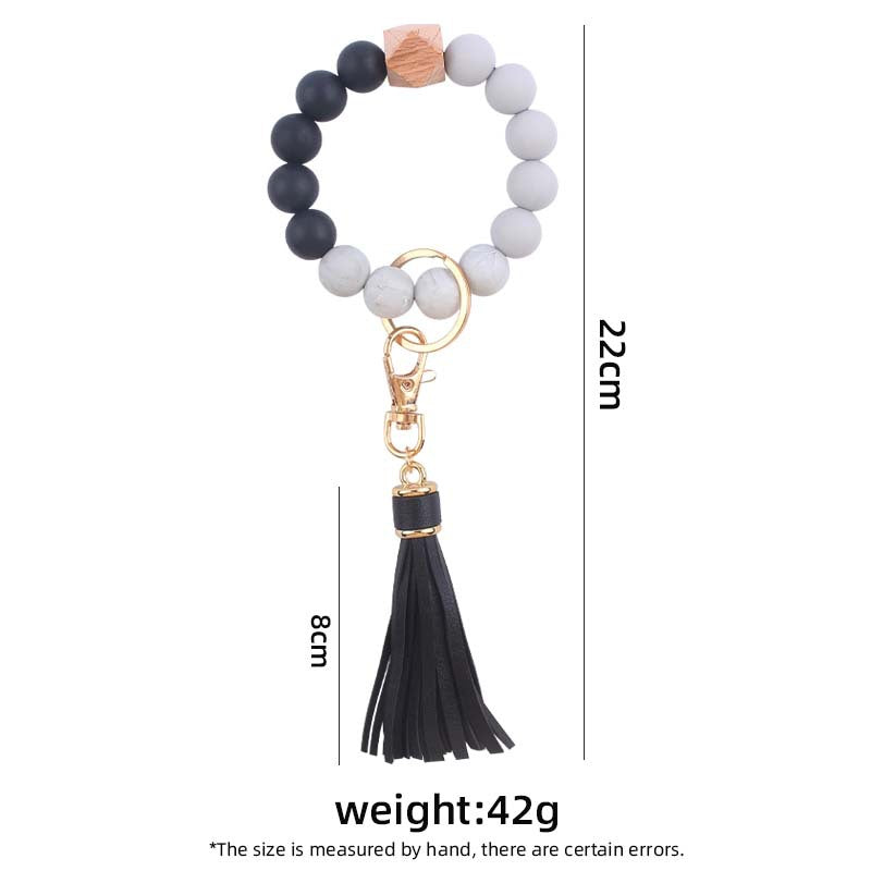Silicone Beaded Wristlet Keychain with PU Tassel and Wood Accent 5