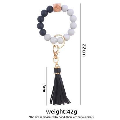 Silicone Beaded Wristlet Keychain with PU Tassel and Wood Accent 5