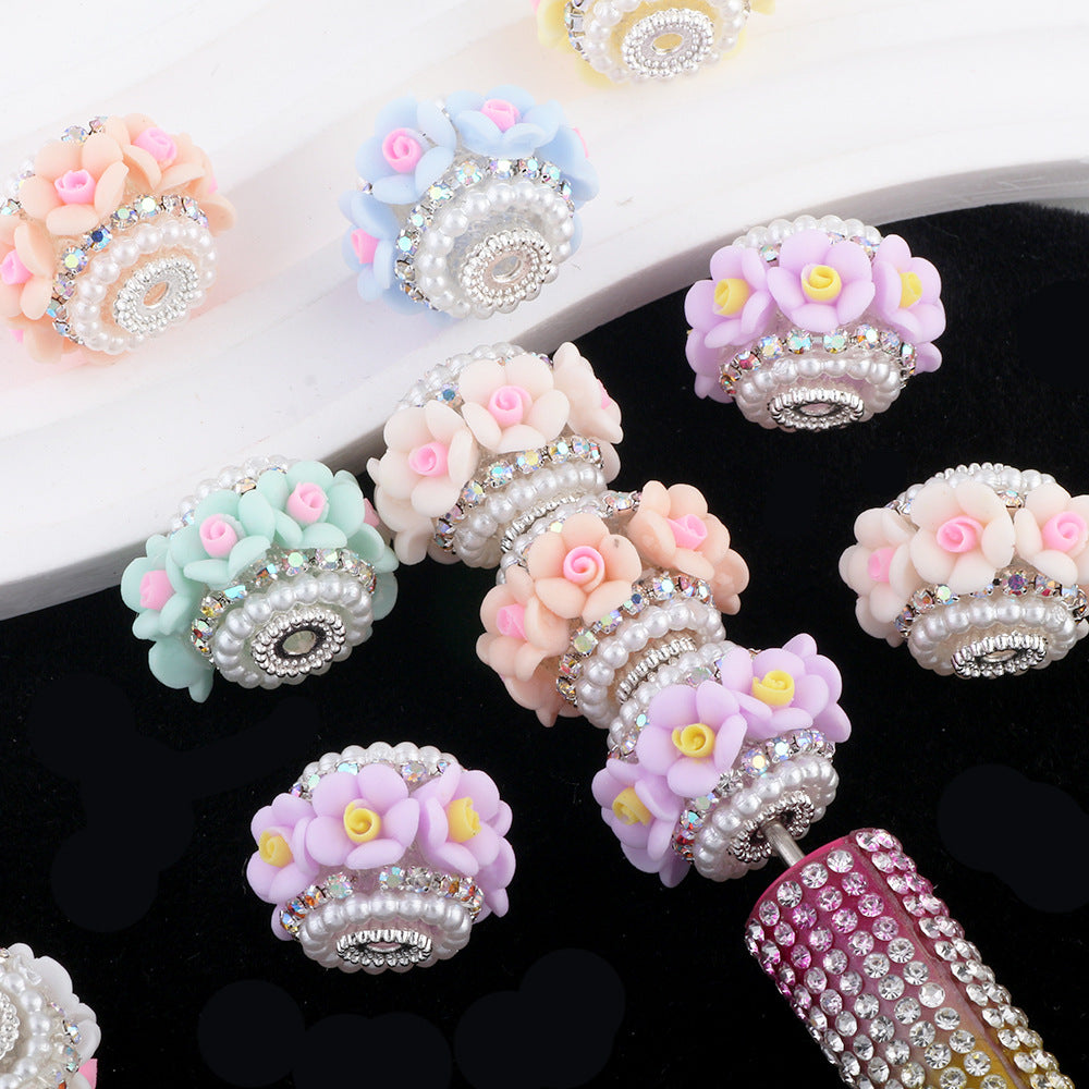 Flower Clay Beads 21mm Pastel Pearl Rhinestone Barrel 10pcs