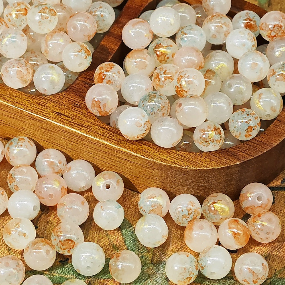 Frosted Round Glass Beads 8mm Marbled Soft Matte Gold Veining 50pcs 8