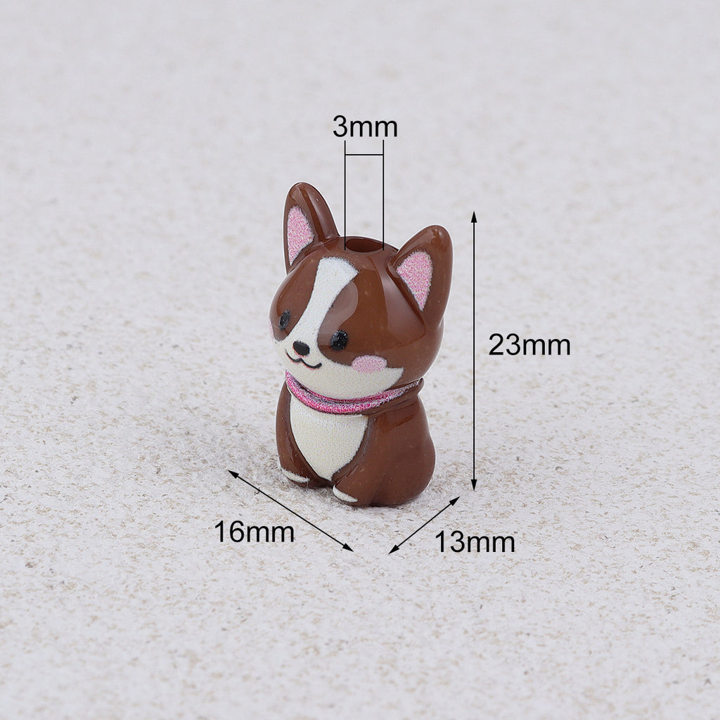 Painted 3D Corgi Acrylic Beads 16x23mm Colorful Mixed 10pcs 3