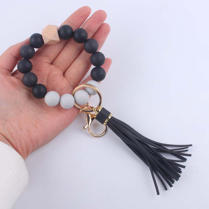 Silicone Beaded Wristlet Keychain with Leather PU Tassel in Pastel Colors 3