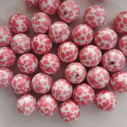 Printed Bubblegum Beads 20mm Pink Cow Pattern Chunky 10pcs 3