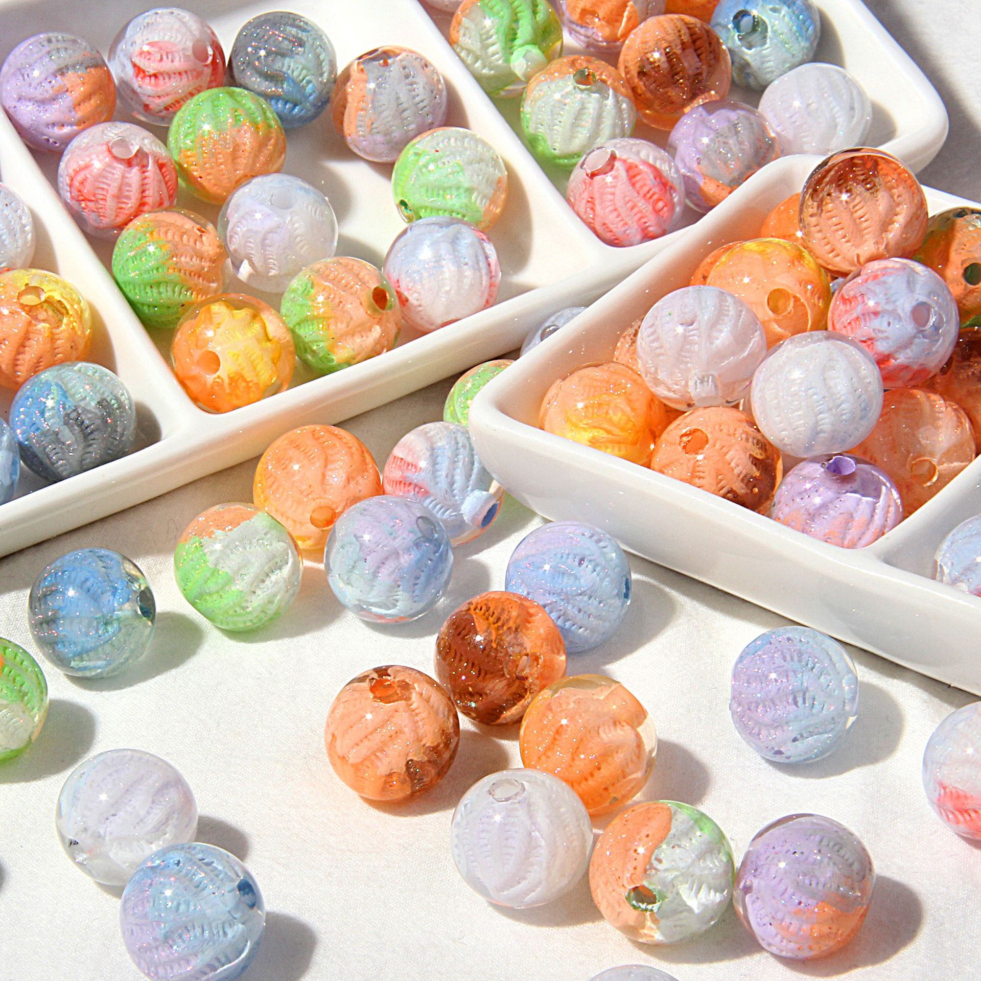 Premium Painted Acrylic Beads 14mm Brushwork Multi Color 5pcs