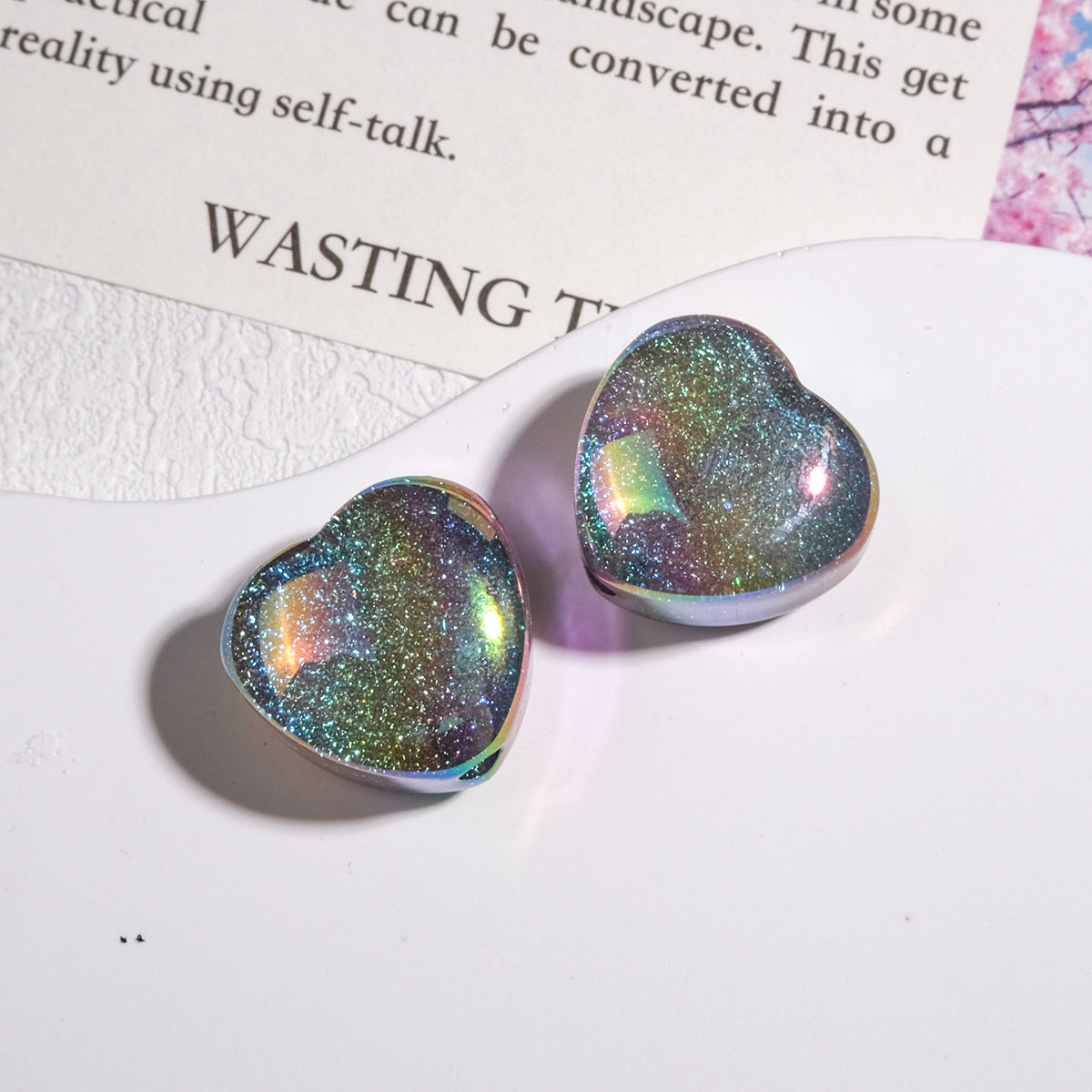 Glitter Starry Sky Heart Resin Beads 16mm Pastel Rainbow Shimmer 20pcs 9