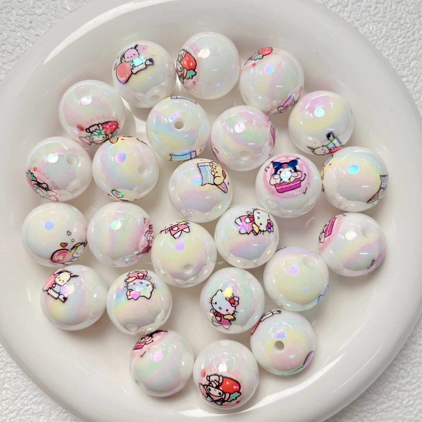 Plated Bubblegum Beads 19mm White Iridescent Sanri Character Prints 5pcs 11