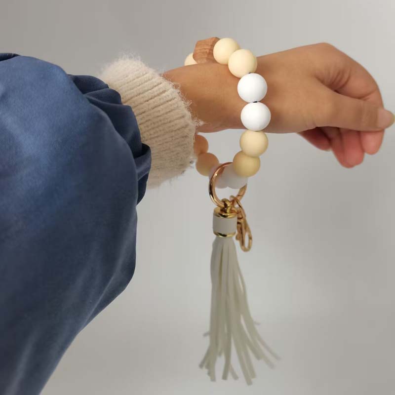 Silicone Beaded Wristlet Keychain with Leather Tassel and Octagonal Wood Accent 4