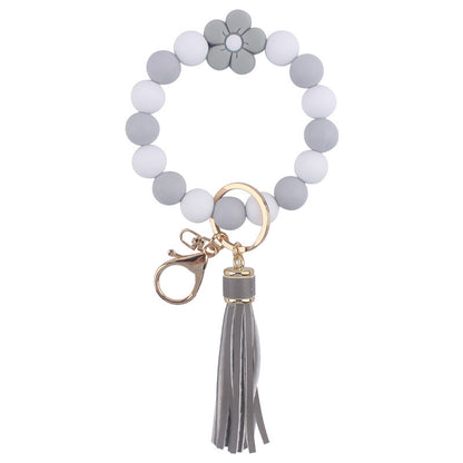 Colorful Flower Silicone Bead Wristlet Keychain with Leather Tassel 15