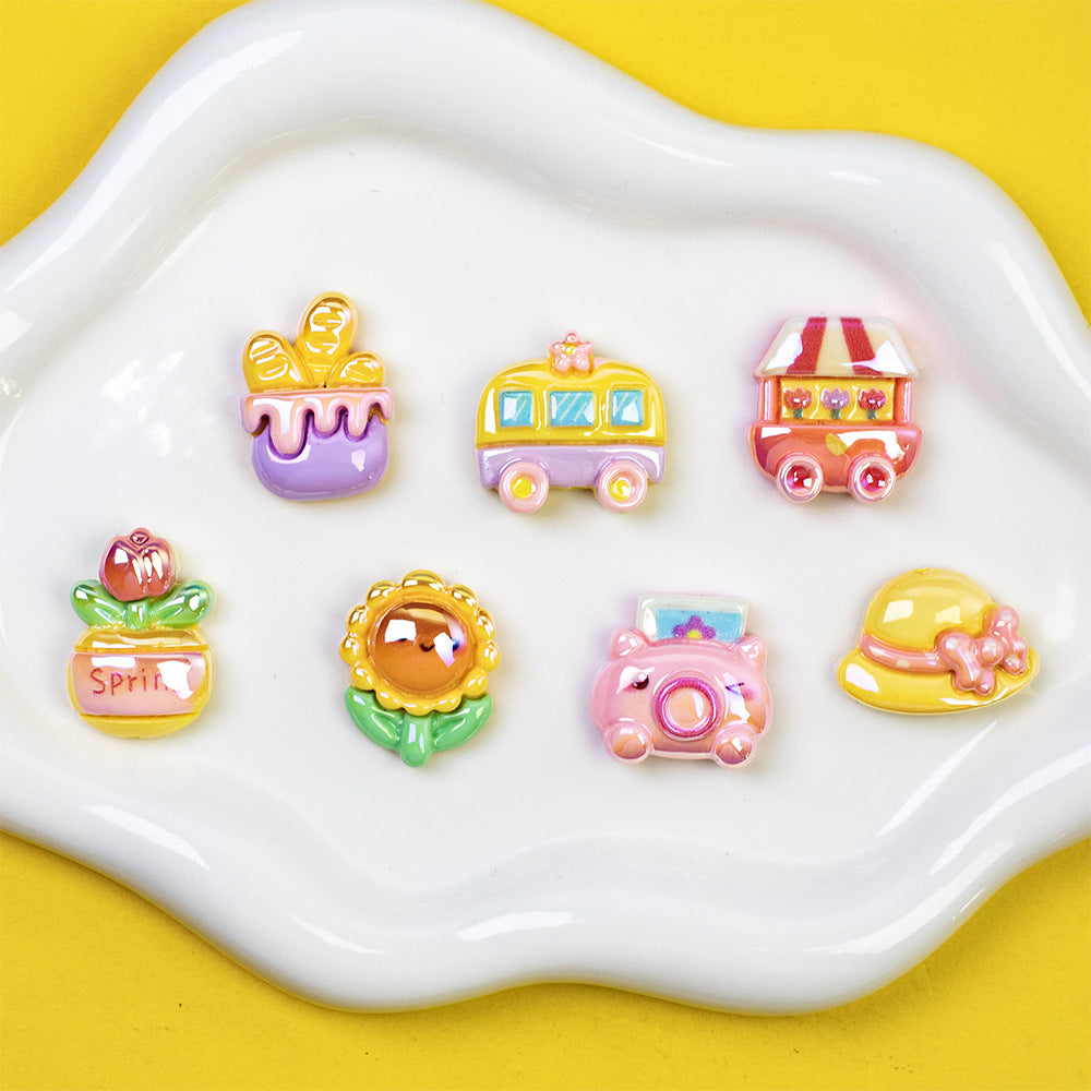 Plating Sunflower and Bus Resin Beads Glossy Multicolor 10pcs 3