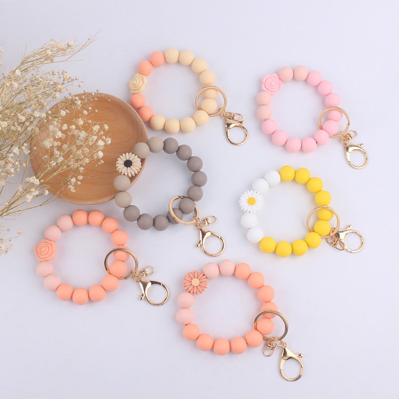 Silicone Beaded Daisy Rose Wristlet Keychain with Gold Clasp