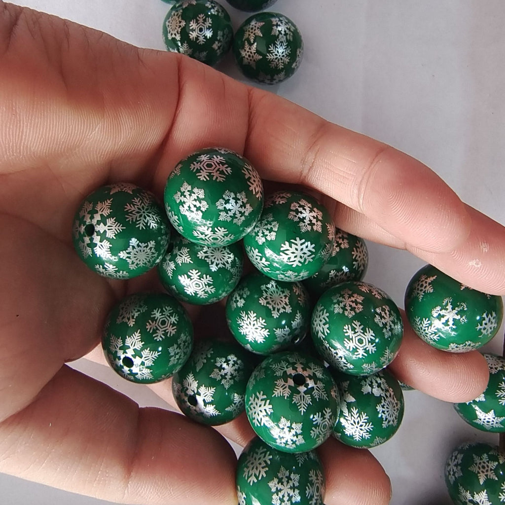 Printed Bubblegum Beads 20mm Deep Green Snowflake Glossy 5pcs 2