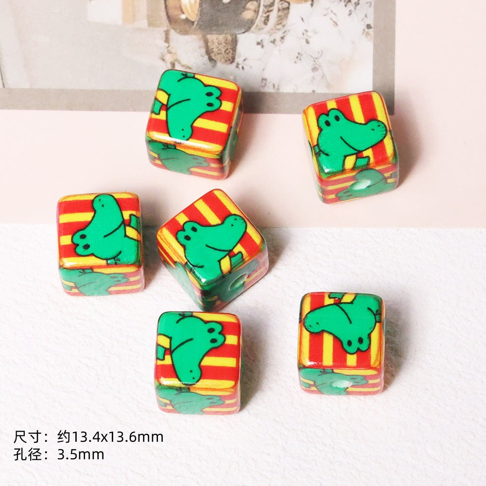 Cheerful Cartoon Animal Printed Acrylic Square Beads 13mm 20pcs 9
