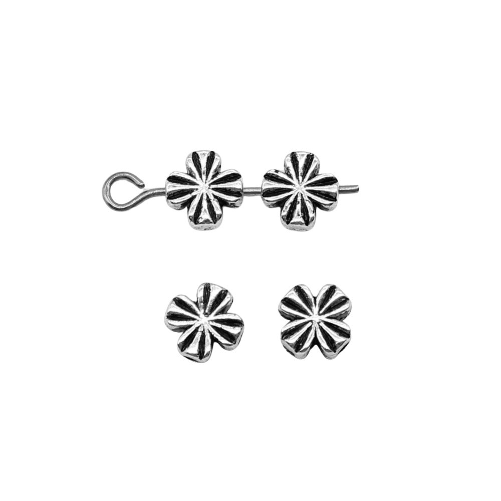 Striped Four-Leaf Clover Metal Beads 6mm Polished Silver Tone 100pcs 3