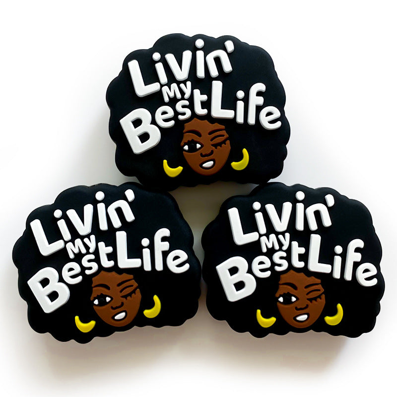 Silicone Focal Beads Negro Girl Winking Afro Hair Livin My Best Life 20pcs